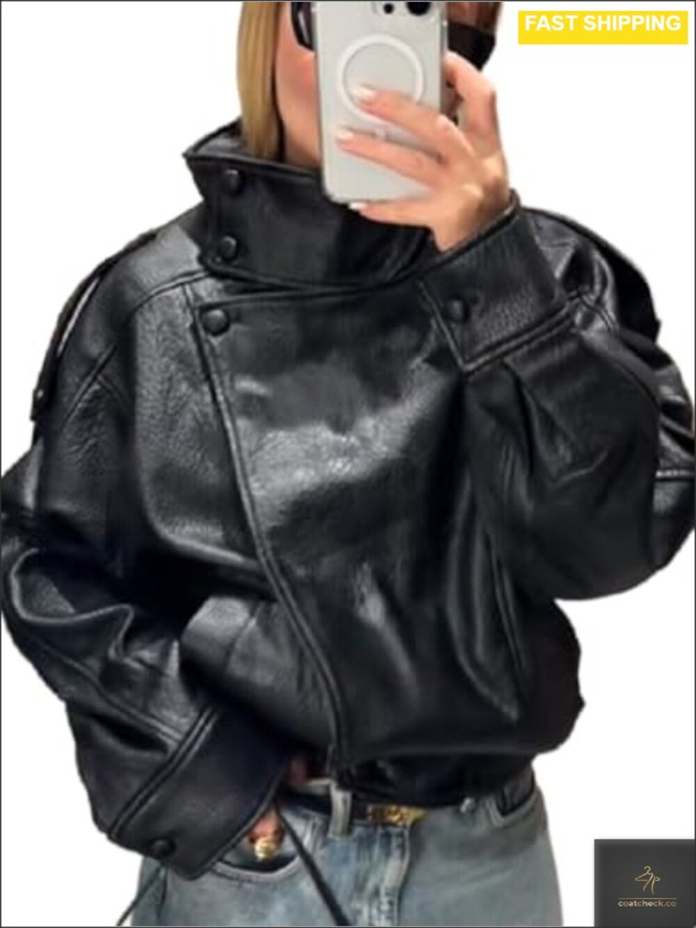 Faux Leather Jacket Womens Stand Collar Zip Button Casual Outerwear